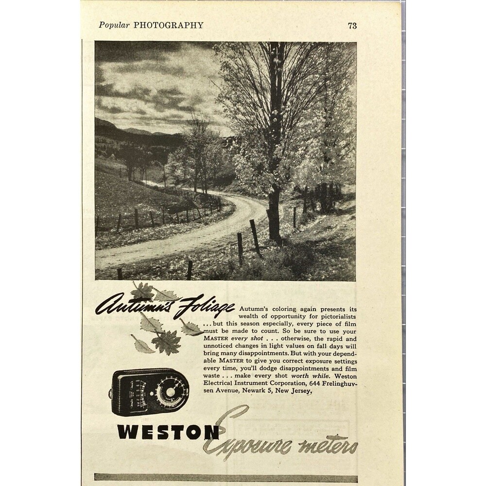 Weston Exposure Meters "Photograph of Autumn Foliage" Vintage Print Ad 1943